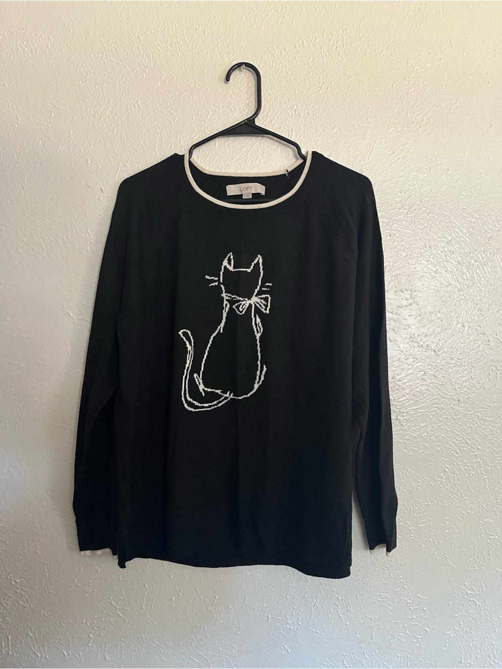LOFT Black Sweater with Cream Cat Outline